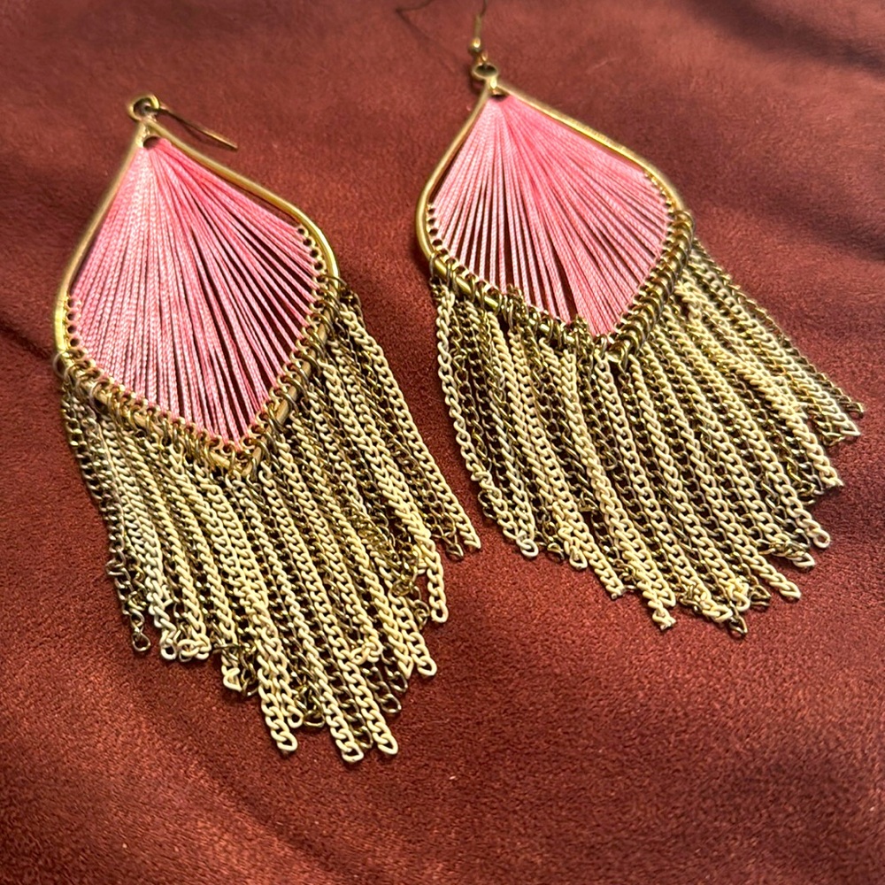 “M Style Lab" Earrings  w/ pink strings & gold& cream chains hooks E…